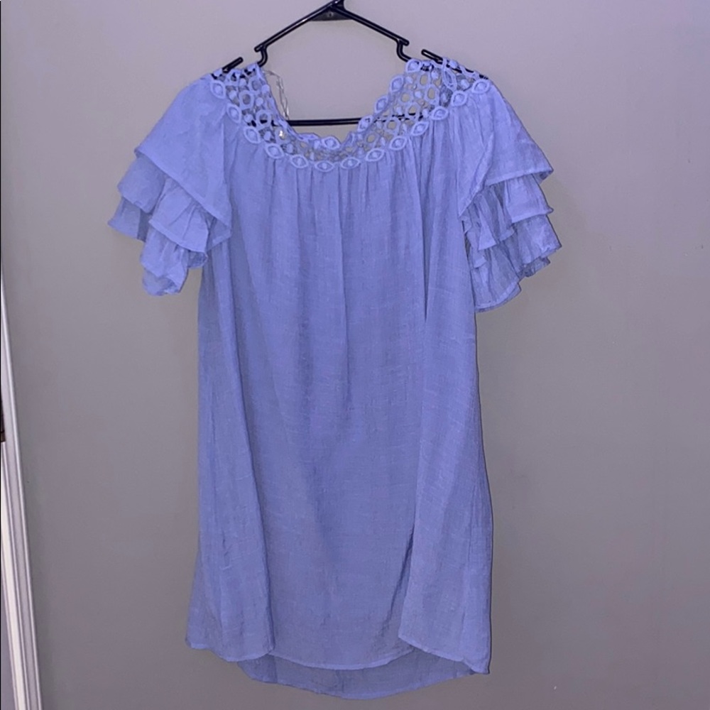 blue lace off the shoulder dress